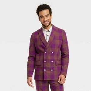 NWT Houston White Holiday Suiting Gingham Checkered Blazer Coat Purple Brown XL